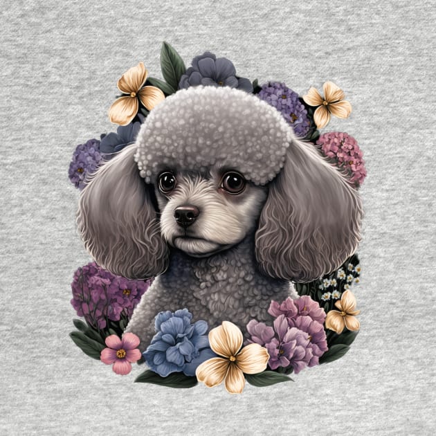 Gray Toy Poodle and Flowers by kansaikate